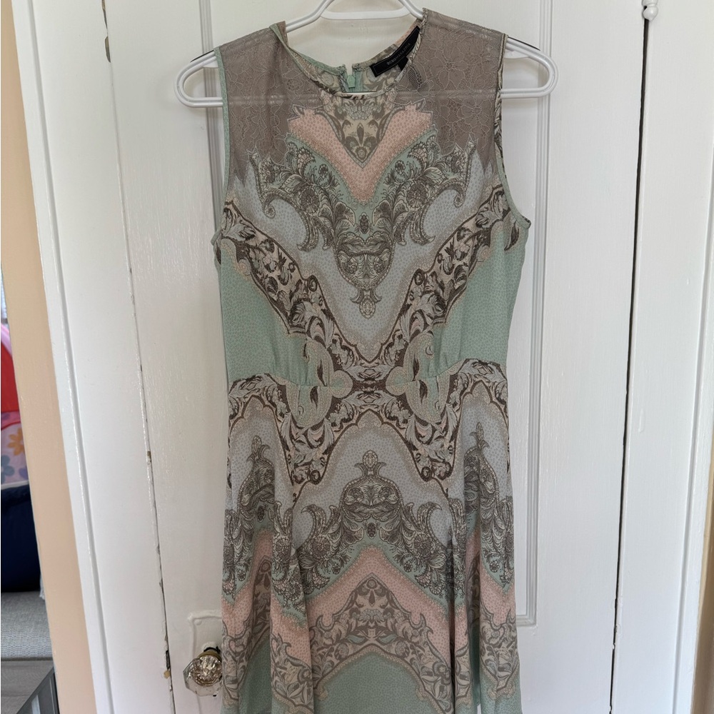 BCBGMaxAzria Green and Tan Fit and Flare Mini Dress